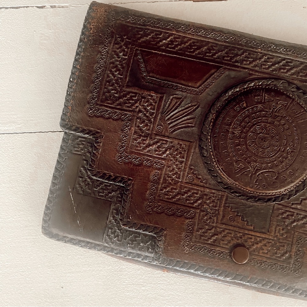 VINTAGE HAND-TOOLED LEATHER oversized wallet/clutch